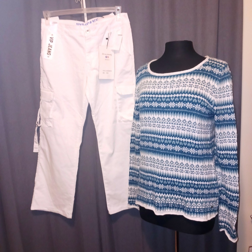 H&M LOGG Nordic Blue Fair Isle Sweater M VIP Jeans Winter White Cargo Pants 11